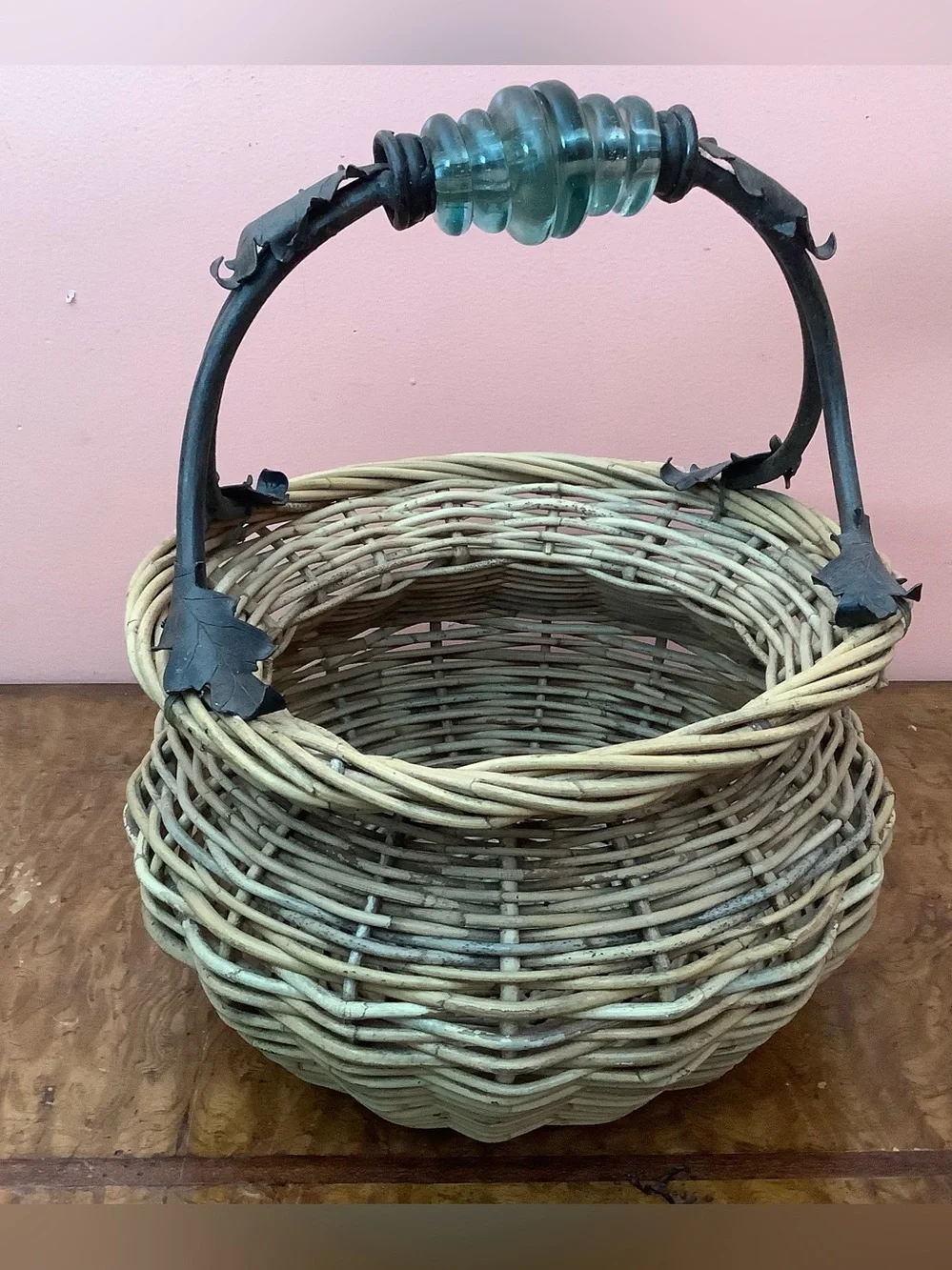 Vintage Handmade Wicker Basket, Wrought Iron Handle, Glass Rings & Oak Leaves